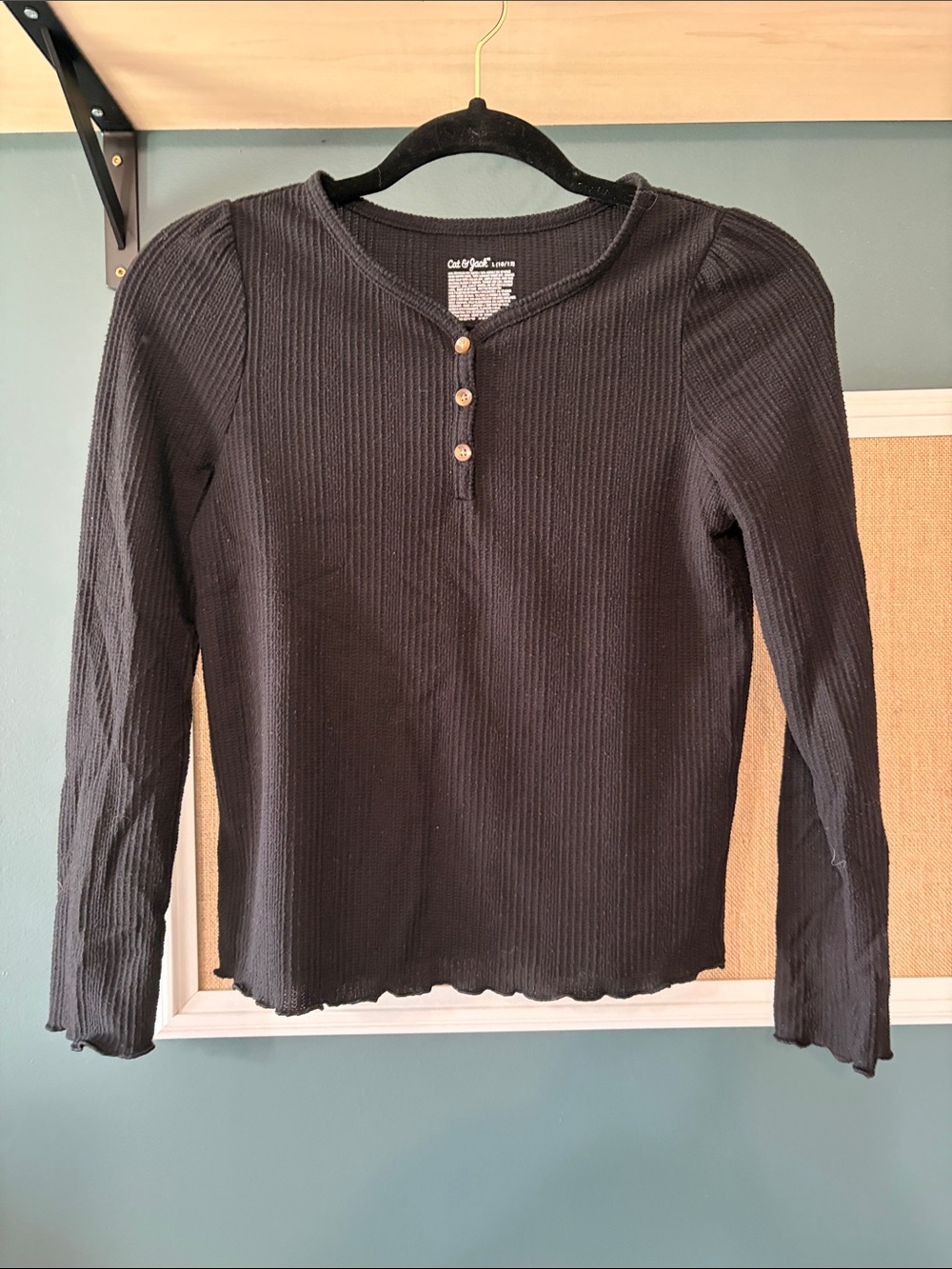 Cat & Jack Black Ribbed Henley Long-Sleeve Top